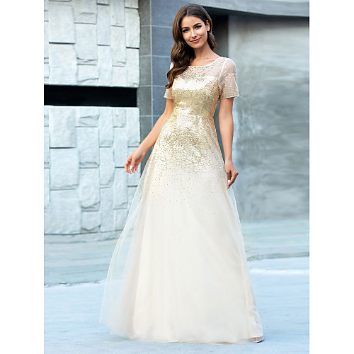 

A-Line Jewel Neck Floor Length Tulle Bridesmaid Dress with Sequin / Sparkle & Shine