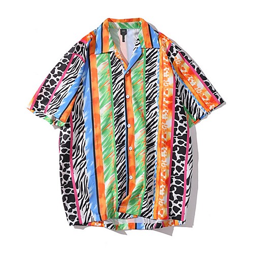

Men's Shirt Striped Short Sleeve Beach Tops Rainbow