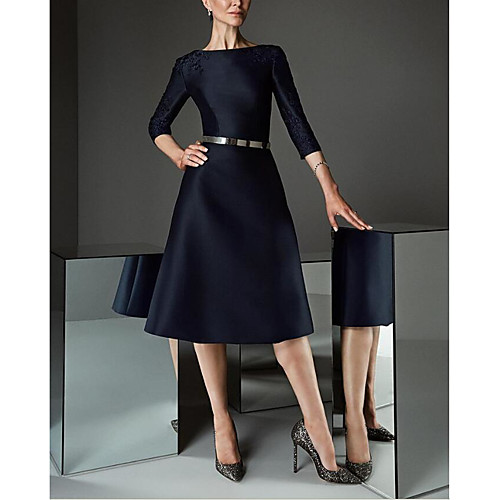 

A-Line Elegant Party Wear Cocktail Party Dress Boat Neck 3/4 Length Sleeve Knee Length Satin with Sash / Ribbon Embroidery 2021