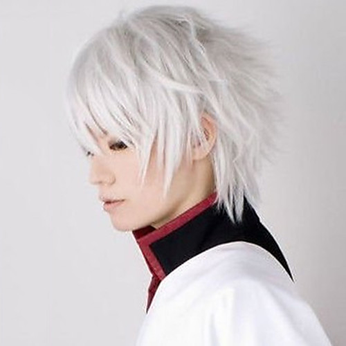 

Synthetic Wig kinky Straight Asymmetrical Wig Short Sliver White Synthetic Hair 6 inch Men's Best Quality Silver