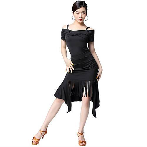

Latin Dance Dress Tassel Split Women's Party Performance Short Sleeve Natural Milk Fiber