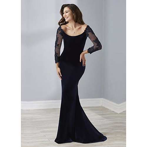 

Sheath / Column Elegant Engagement Formal Evening Dress Scoop Neck 3/4 Length Sleeve Sweep / Brush Train Velvet with Beading 2021