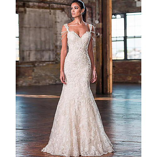 

Mermaid / Trumpet Wedding Dresses V Neck Court Train Lace Tulle Lace Over Satin Spaghetti Strap Plus Size with Appliques 2020