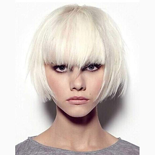 

Synthetic Wig kinky Straight Bob Neat Bang Wig Short White Synthetic Hair 7 inch Women's White