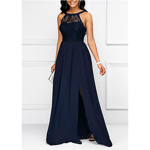 

A-Line Elegant Wedding Guest Prom Formal Evening Dress Halter Neck Sleeveless Floor Length Chiffon with Pleats Split Front 2021