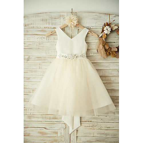 

Ball Gown Knee Length Wedding / Birthday / Pageant Flower Girl Dresses - Satin / Tulle Sleeveless V Neck with Bows / Belt / Beading