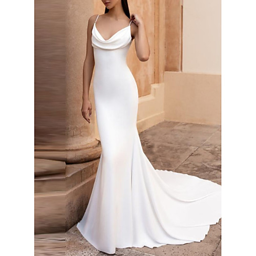 

Mermaid / Trumpet Wedding Dresses V Neck Court Train Satin Spaghetti Strap Plus Size Elegant with Ruched 2021