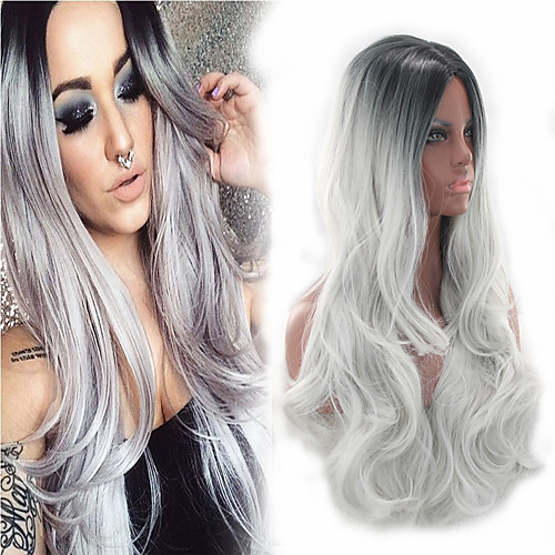 

Synthetic Wig Bouncy Curl Asymmetrical Wig Long Ombre Grey Synthetic Hair 27 inch Women's Best Quality curling Gray