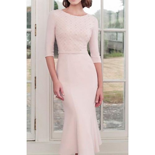 

Mermaid / Trumpet Mother of the Bride Dress Plus Size Jewel Neck Tea Length Stretch Satin Half Sleeve with Beading Ruching 2021