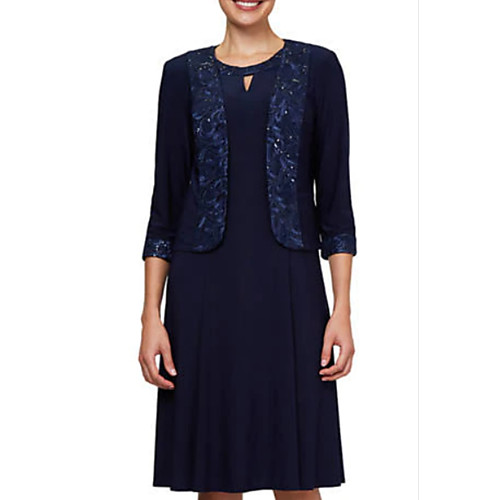 

Two Piece Mother of the Bride Dress Plus Size Jewel Neck Knee Length Polyester 3/4 Length Sleeve with Lace Beading 2021