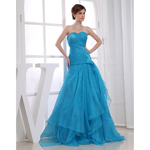 

A-Line Elegant Wedding Guest Engagement Prom Dress Sweetheart Neckline Sleeveless Floor Length Organza with Ruched Appliques 2021