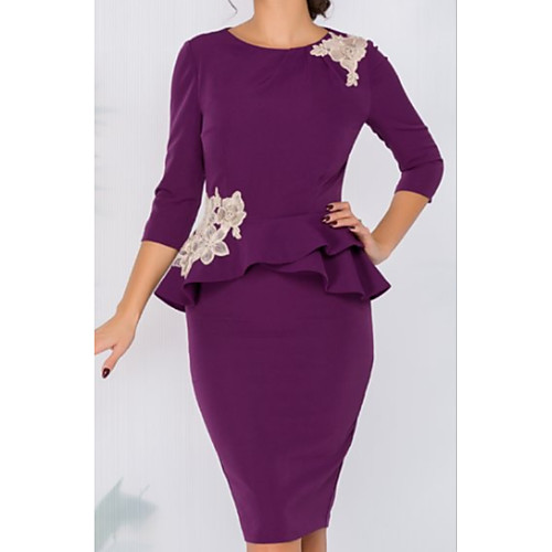 

Sheath / Column Mother of the Bride Dress Plus Size Jewel Neck Knee Length Stretch Satin 3/4 Length Sleeve with Ruffles Embroidery Split Front 2021