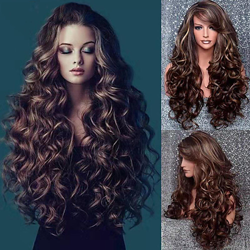 

Synthetic Wig Curly Asymmetrical Wig Long Brown Synthetic Hair 24 inch Women's Best Quality curling Brown