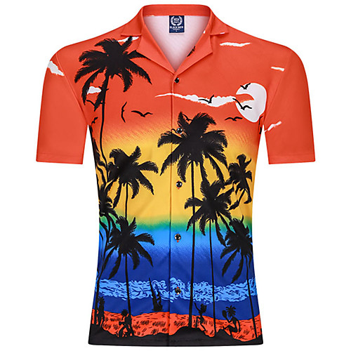

Men's Shirt Color Block Print Short Sleeve Beach Tops Basic Orange