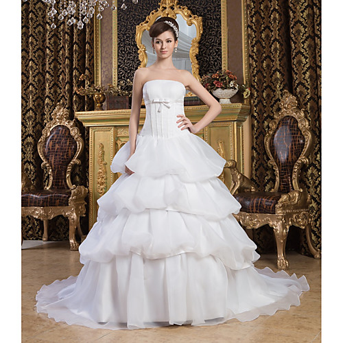 

Ball Gown Wedding Dresses Strapless Court Train Organza Satin Strapless with Pick Up Skirt Bow(s) 2021
