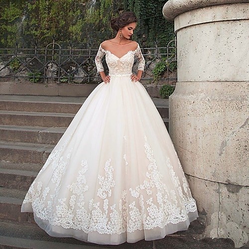 

Ball Gown Wedding Dresses Bateau Neck Chapel Train Nylon Lace Tulle 3/4 Length Sleeve Beautiful Back Illusion Sleeve with Appliques 2020