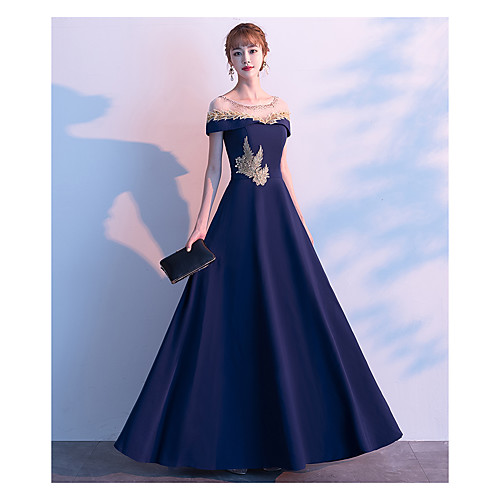 

A-Line Elegant Wedding Guest Prom Formal Evening Dress Jewel Neck Short Sleeve Floor Length Satin Tulle Jersey with 2021