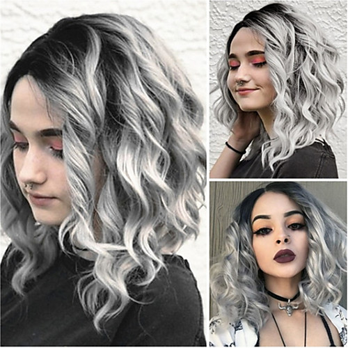 

Synthetic Wig Loose Curl Asymmetrical Wig Medium Length Grey Synthetic Hair 15 inch Women's Color Gradient Gray