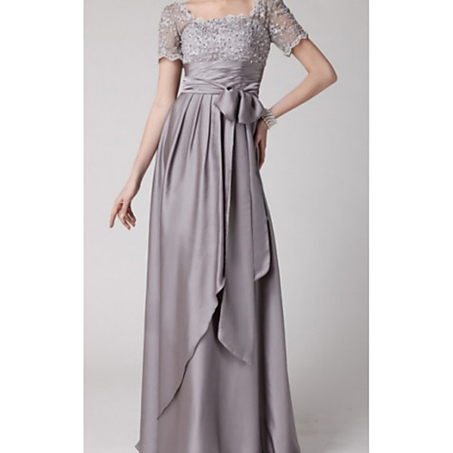 

A-Line Mother of the Bride Dress Elegant Square Neck Floor Length Lace Charmeuse Short Sleeve with Lace Sash / Ribbon Beading 2021