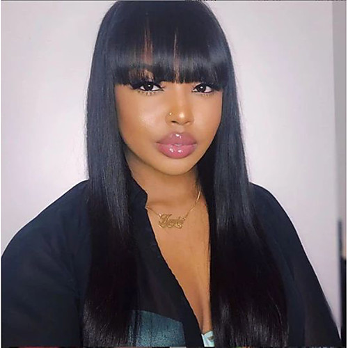 

Remy Human Hair Lace Front Wig With Bangs style Brazilian Hair Straight Natural Wig 150% Density Women Women's Medium Length Human Hair Lace Wig Premierwigs