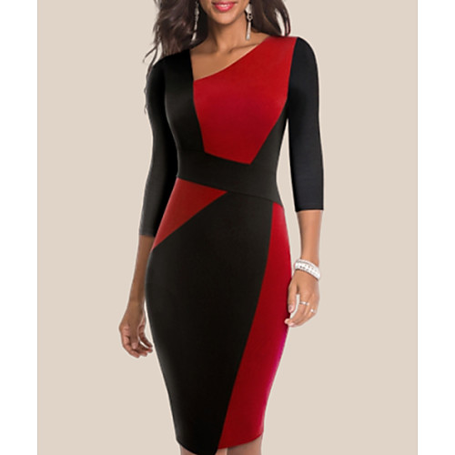 

Women's Bodycon Dress - 3/4 Length Sleeve Color Block Patchwork Deep V Elegant Sophisticated White Blue Red S M L XL XXL / Cotton