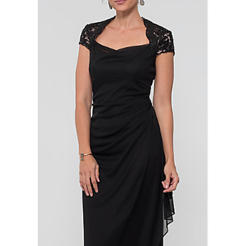 

Sheath / Column Mother of the Bride Dress Elegant V Neck Floor Length Chiffon Lace Short Sleeve with Lace Appliques 2021