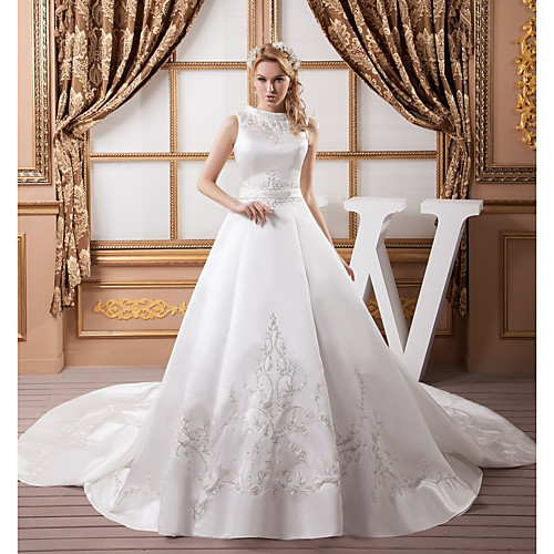 

A-Line Wedding Dresses Jewel Neck Chapel Train Satin Regular Straps with Sashes / Ribbons Bow(s) Beading 2021