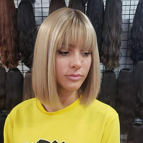 

Synthetic Wig Straight Bob Neat Bang Wig Blonde Short Blonde Synthetic Hair 11 inch Women's Best Quality Blonde
