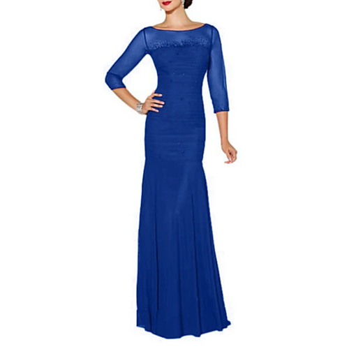 

Mermaid / Trumpet Mother of the Bride Dress Elegant Bateau Neck Floor Length Chiffon Tulle 3/4 Length Sleeve with Lace Appliques 2021