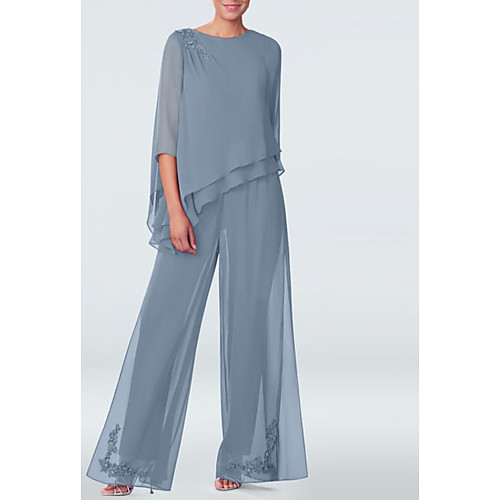 

Pantsuit / Jumpsuit Mother of the Bride Dress Plus Size Jewel Neck Floor Length Chiffon 3/4 Length Sleeve with Draping 2020