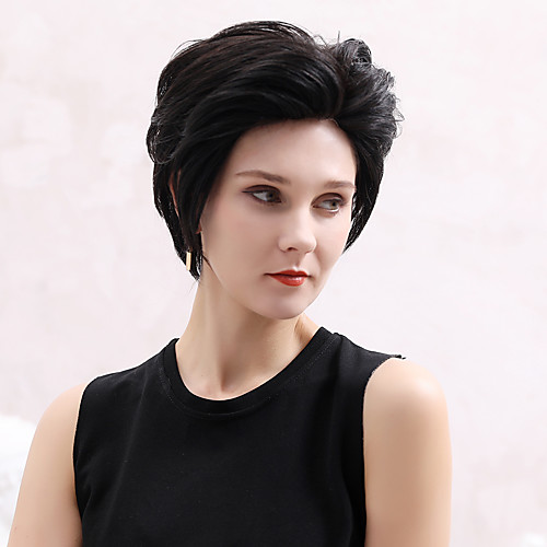 

Human Hair Lace Front Wig Pixie Cut Asymmetrical With Bangs style Indian Hair Natural Straight Black White Wig 130% Density Cosplay Lace Classic Women Women's Short Cosplay Suits Costume Accessories