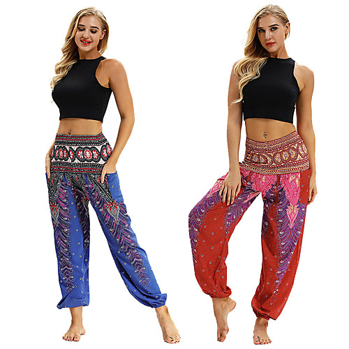 

Women's High Waist Yoga Pants Harem Smocked Waist Bloomers Quick Dry Breathable Bohemian Hippie Boho Red Dark Blue Fitness Gym Workout Dance Sports Activewear Stretchy Loose