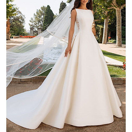 

A-Line Wedding Dresses Bateau Neck Court Train Satin Regular Straps Romantic Plus Size Elegant with Bow(s) Buttons Lace Insert 2021