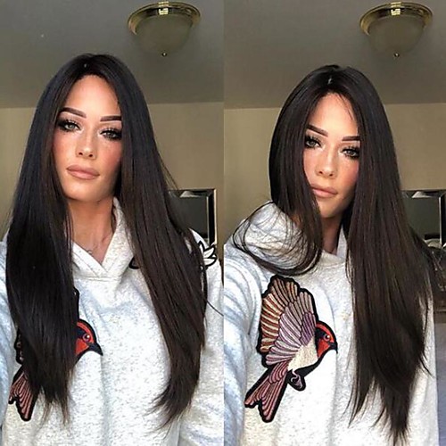 

Synthetic Wig kinky Straight Asymmetrical Wig Long Natural Black Synthetic Hair 27 inch Women's Best Quality Middle Part Black