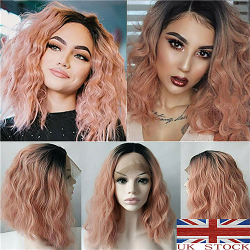 

Synthetic Wig Curly kinky Straight Asymmetrical Wig Medium Length Ombre Pink Synthetic Hair 16 inch Women's Best Quality Pink Ombre