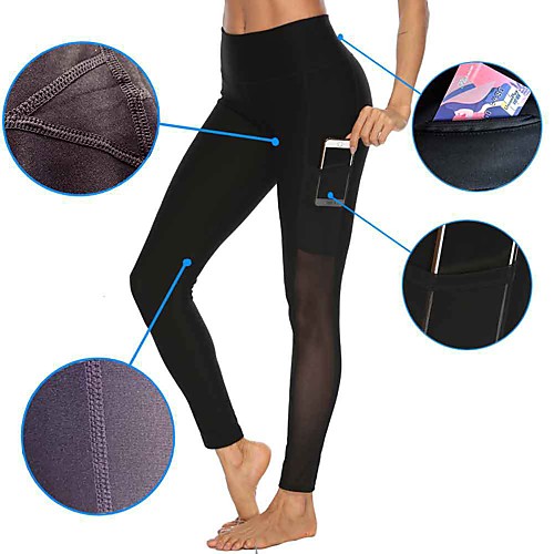 

Women's High Waist Yoga Pants Pocket Patchwork Leggings Butt Lift Quick Dry Black Nylon Mesh Gym Workout Running Fitness Sports Activewear High Elasticity Slim