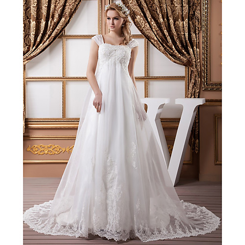 

A-Line Wedding Dresses Square Neck Court Train Lace Organza Satin Cap Sleeve Formal Vintage Illusion Detail Plus Size with Beading Appliques 2021