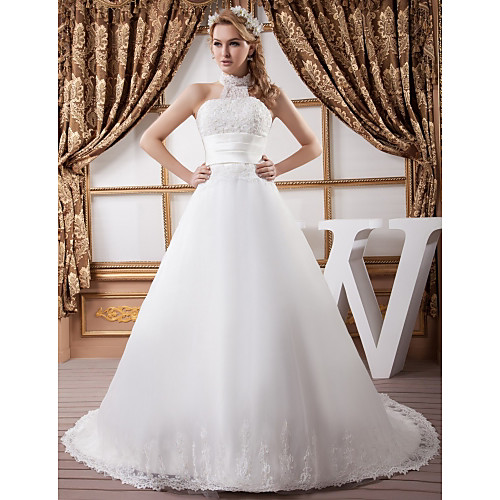 

A-Line Wedding Dresses High Neck Court Train Lace Satin Tulle Regular Straps with Ruched Beading Appliques 2021