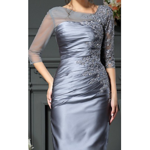 

Sheath / Column Mother of the Bride Dress Elegant Jewel Neck Knee Length Tulle Charmeuse 3/4 Length Sleeve with Lace Appliques 2020