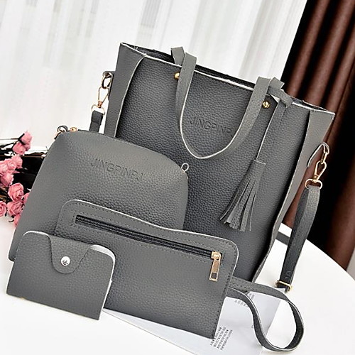 

Women's Zipper Cowhide Bag Set Solid Color 4 Pieces Purse Set Black / Red / Gray