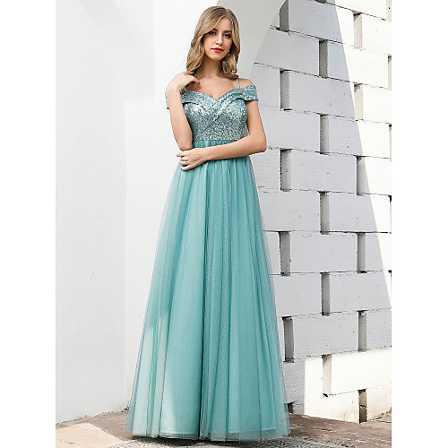 

A-Line Empire Wedding Guest Prom Formal Evening Dress Spaghetti Strap Short Sleeve Floor Length Tulle with Sequin 2021