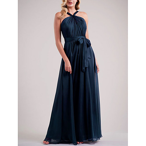 

A-Line Spaghetti Strap Floor Length Chiffon Bridesmaid Dress with Sash / Ribbon / Ruching / Open Back