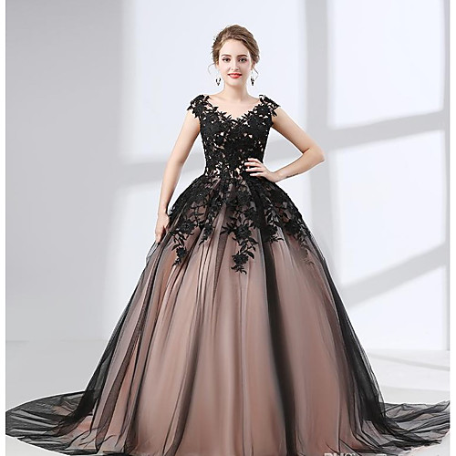 

A-Line Wedding Dresses V Neck Chapel Train Lace Tulle Regular Straps Black with Appliques 2021