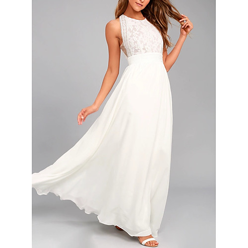 

A-Line Elegant Wedding Guest Prom Formal Evening Dress Jewel Neck Sleeveless Floor Length Chiffon Lace with Pleats 2020