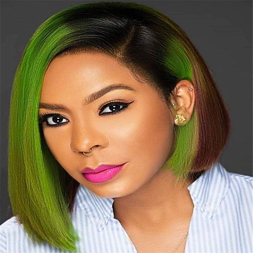 

Synthetic Wig Straight kinky Straight Asymmetrical Wig Short Ombre Green Synthetic Hair 11 inch Women's Best Quality Green Ombre