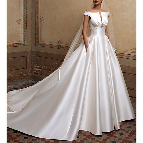 

A-Line Wedding Dresses Off Shoulder Sweep / Brush Train Satin Short Sleeve Simple Elegant with Buttons Crystal Brooch 2021