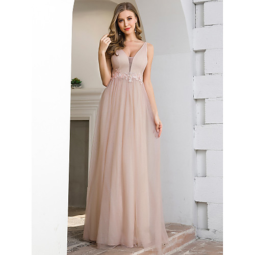 

A-Line Plunging Neck Floor Length Tulle Bridesmaid Dress with Appliques