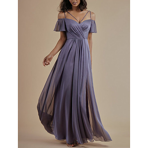 

A-Line Spaghetti Strap Floor Length Chiffon Bridesmaid Dress with Crystals / Split Front / Ruching