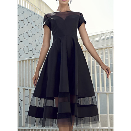 

A-Line Elegant Party Wear Wedding Guest Cocktail Party Dress Boat Neck Short Sleeve Knee Length Organza Charmeuse with Tier 2021