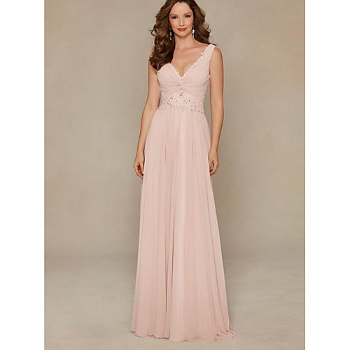 

A-Line Elegant Engagement Formal Evening Dress Plunging Neck Sleeveless Floor Length Chiffon with Pleats Ruched Appliques 2021